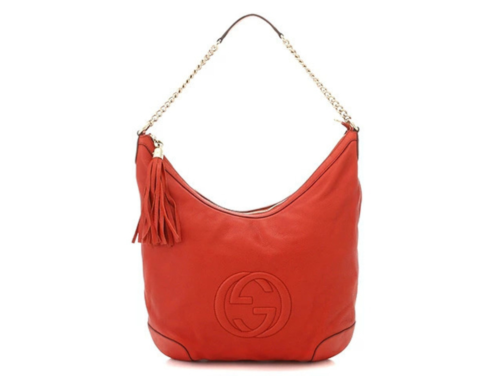 Gucci Soho Hobo Bag Fringe Calfskin Embossed Orange